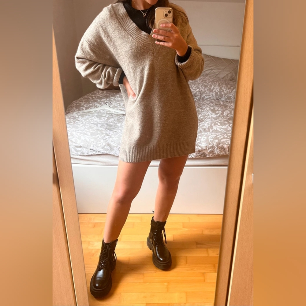 Mango Long Sleeve Knit Dress in Taupe